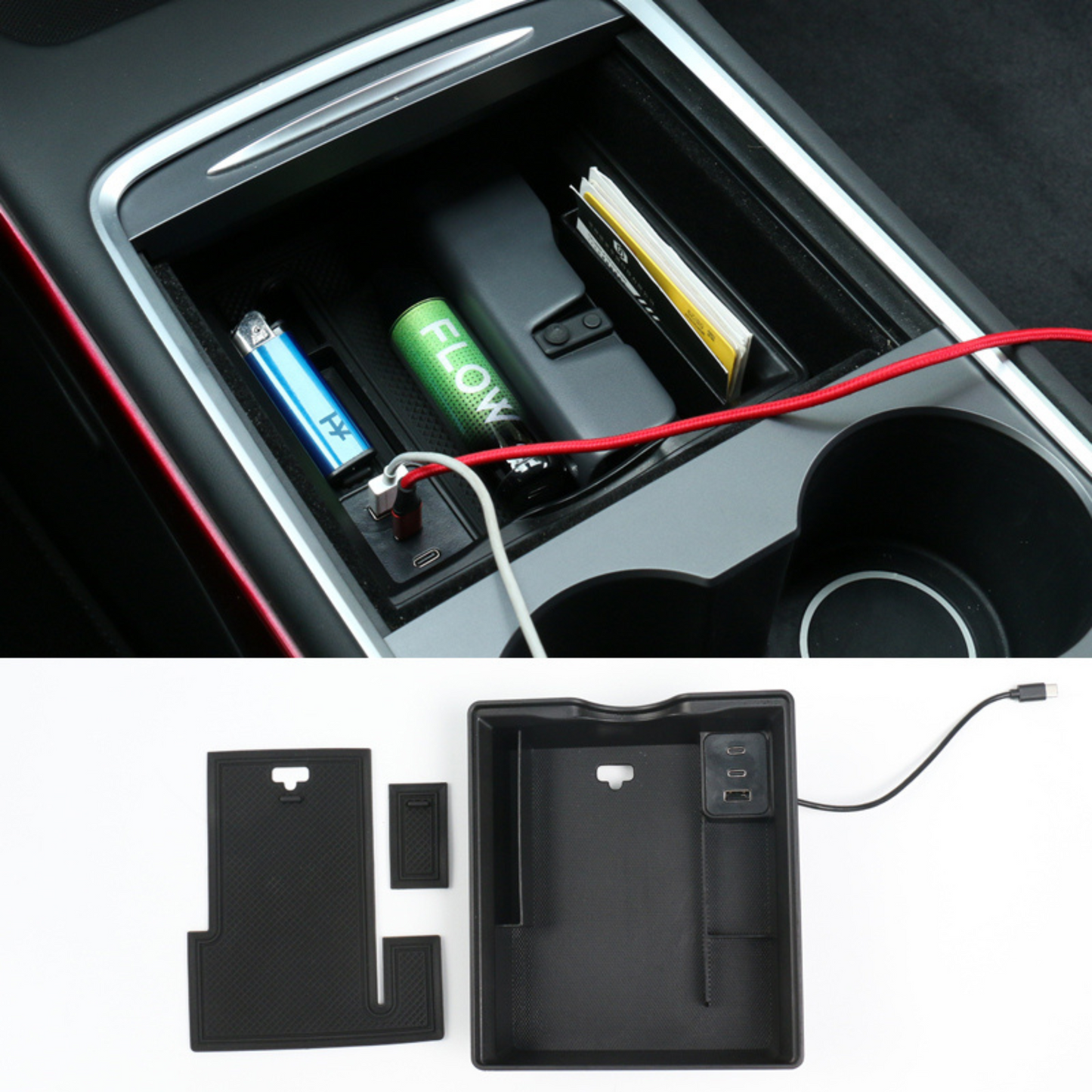 Förvaringslåda med USB uttag till Tesla Model Y/Model 3 2021+
