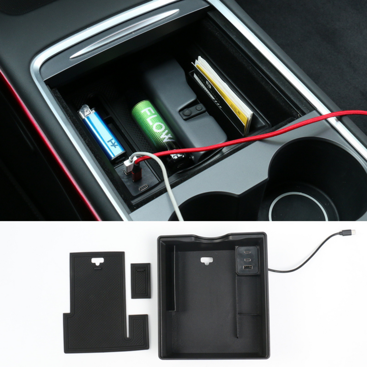 Storage box with USB socket for Tesla Model Y/Model 3 2021+